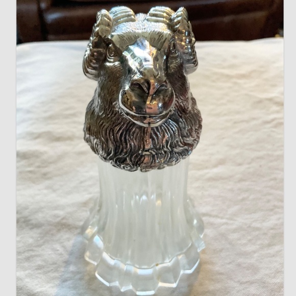 Vintage Silverplated Rams Head Fluted Glass Decanter Dispenser Syrup Cream Sugar - Picture 2 of 6